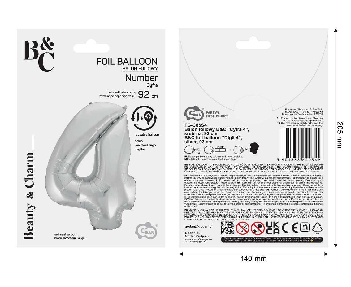 Foil balloon B&C digit 4, silver, 92 cm